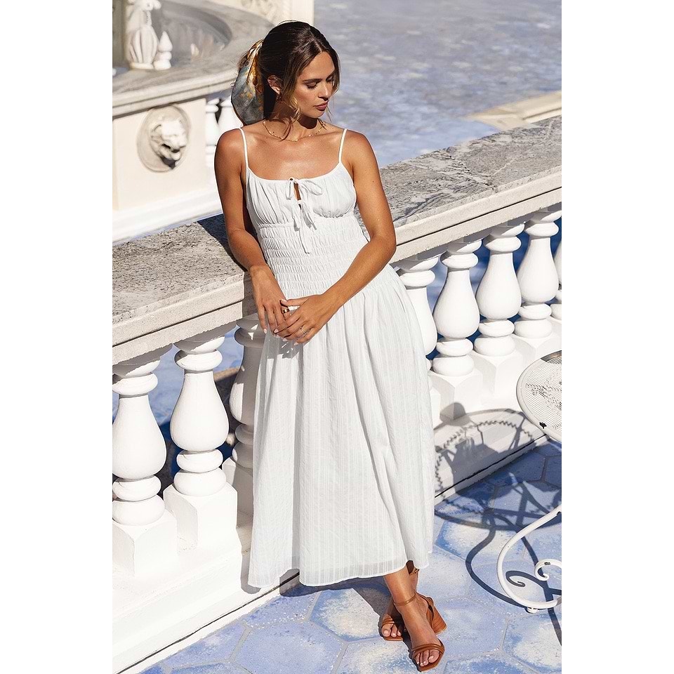 New Cupshe X Kelsey Anderson Sunny Side Maxi Dress White Smocked Tie Front Med